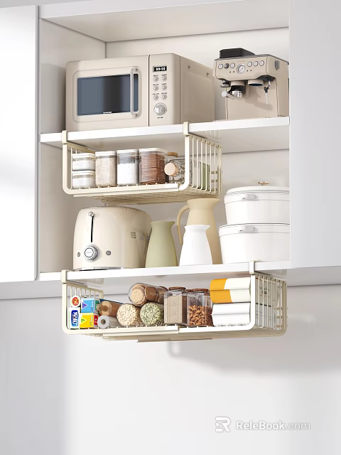 Organized Kitchen Cabinets Interior With Layered Shelves Spice Jars Containers And Small Appliances 3d model 