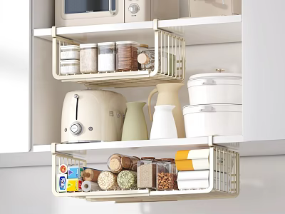 Organized Kitchen Cabinets Interior With Layered Shelves Spice Jars Containers And Small Appliances 3d model