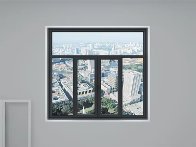 Modern Casement Window Interior Showing Urban City View With Tall Buildings And Greenery 3d model