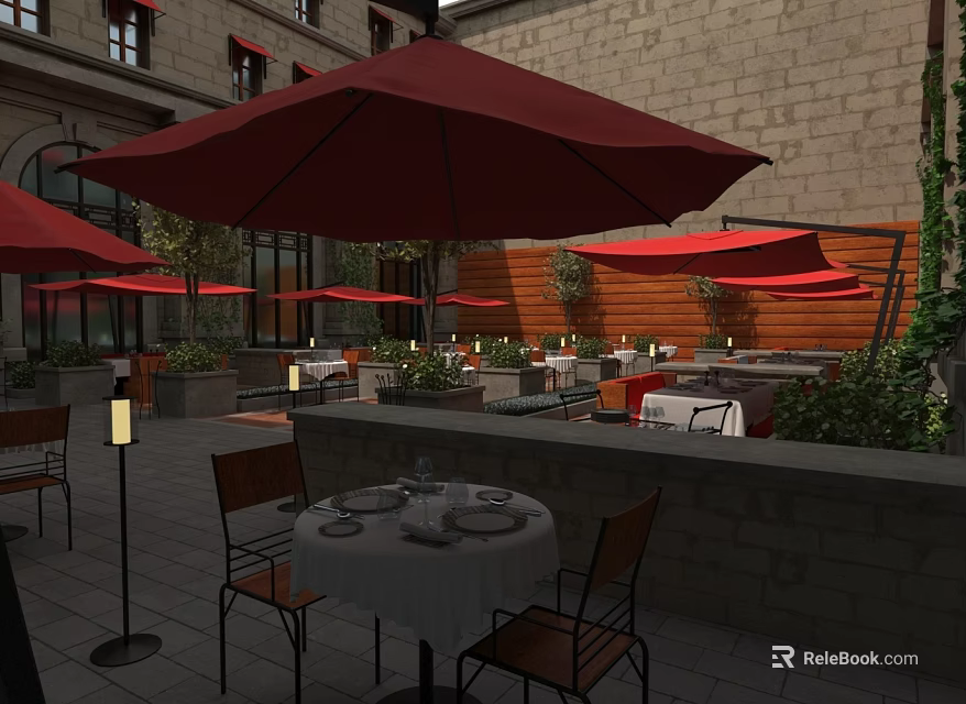 Stylish Outdoor Dining Furniture Setup With Red Umbrellas Tables Chairs Green Plants And Stone Walls 3d model 