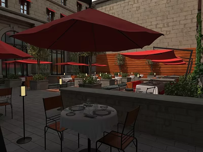 Stylish Outdoor Dining Furniture Setup With Red Umbrellas Tables Chairs Green Plants And Stone Walls 3d model