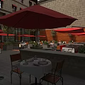 Stylish Outdoor Dining Furniture Setup With Red Umbrellas Tables Chairs Green Plants And Stone Walls