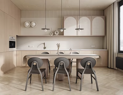 Modern Restaurant Interior Design With Dining Table Chairs Pendant Lights Decorative Plates And Wooden Cabinets 3d model