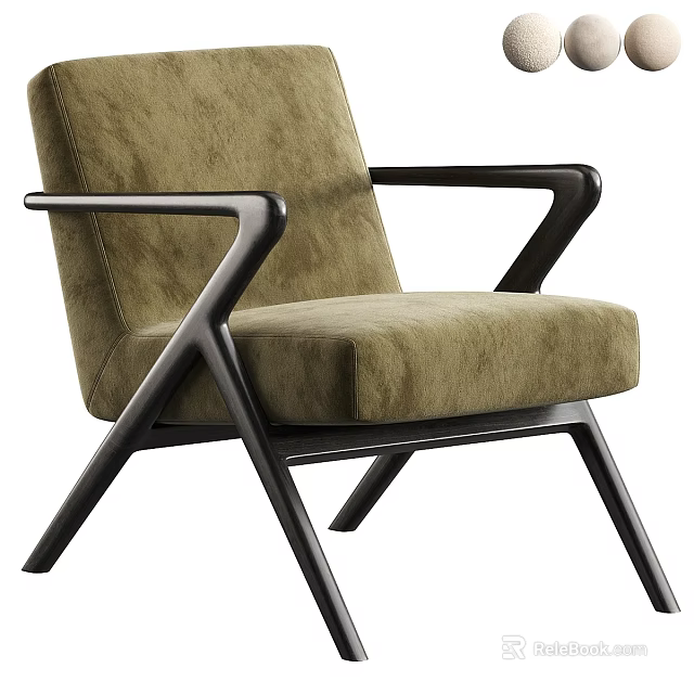Olive Green Velvet Accent Chair with Black Armrests and Sleek Wooden Legs in Modern Design 3d model 