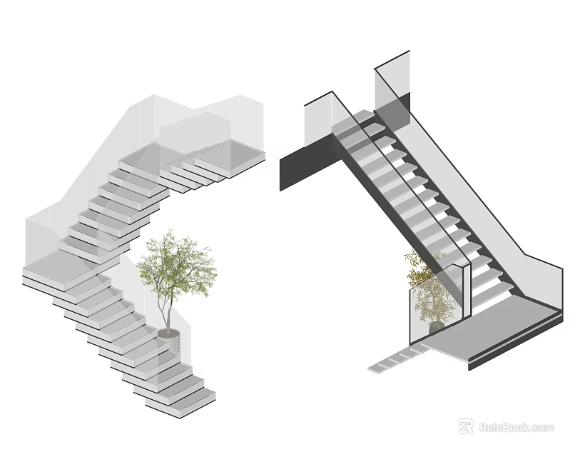 Modern Staircase Design Featuring Curved and Straight Structures Glass Railings and Potted Plants 3d model 