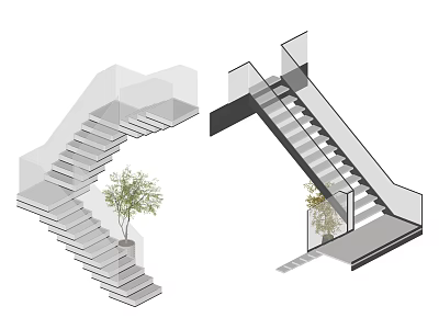 Modern Staircase Design Featuring Curved and Straight Structures Glass Railings and Potted Plants 3d model