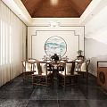 Chinese Style Private Dining Room With Round Table Chairs And Landscape Painting Decor