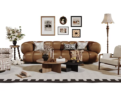 Elegant Living Room Sofa And Coffee Table Set With Decorative Paintings Floor Lamp And Flowers 3d model