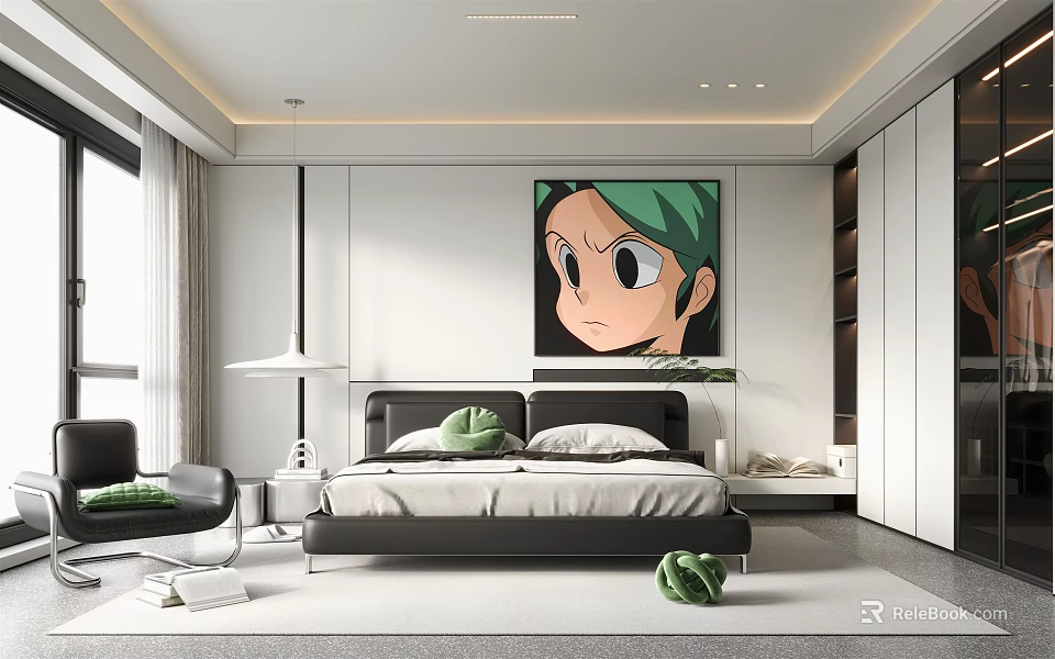 Minimalist Modern Bedroom Interior with Bed Green Haired Cartoon Art Window Curtains and White Wardrobe 3d model 