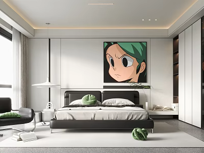 Minimalist Modern Bedroom Interior with Bed Green Haired Cartoon Art Window Curtains and White Wardrobe 3d model