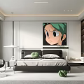 Minimalist Modern Bedroom Interior with Bed Green Haired Cartoon Art Window Curtains and White Wardrobe