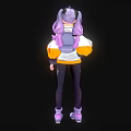 Game And Movie Character With Purple Pigtails Hair Round Glasses White Orange Jacket And Backpack