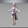 Anime Cat Eared Girl With Pink Long Hair In White Purple Outfit And Cat Features