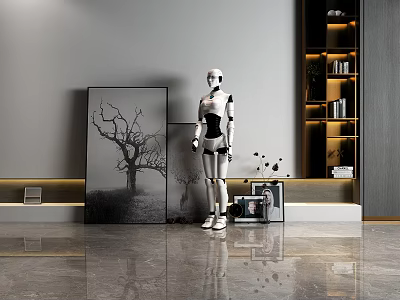Smart Humanoid Robot In Modern Interior With Black White Tree Painting And Illuminated Bookshelf 3d model