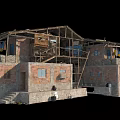 Dilapidated Abandoned Building With Broken Roof Scaffolding Brick Walls And Blue Tarp
