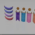 Colorful Fabric Pieces and Gold Badges on Clothing Accessories with Banner Decorations and Various Symbols