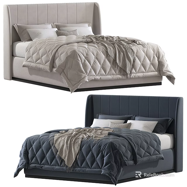 Light And Dark Colored Double Beds With Upholstered Headboards Quilted Bedding And Blankets 3d model 