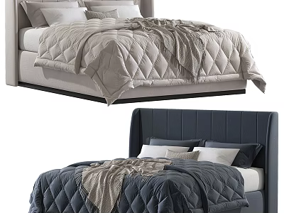 Light And Dark Colored Double Beds With Upholstered Headboards Quilted Bedding And Blankets 3d model