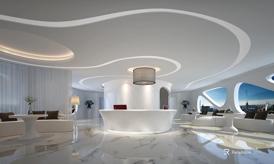 Elegant Modern Front Desk Reception With White Marble Curved Design Pendant Light And Floor-to-Ceiling Window 3d model 