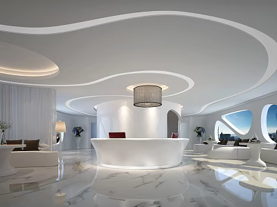 Elegant Modern Front Desk Reception With White Marble Curved Design Pendant Light And Floor-to-Ceiling Window 3d model