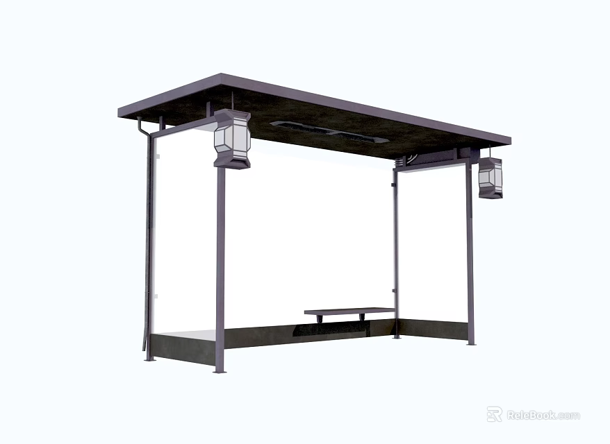 Roofed Bus Stop Shelter With Lantern Lights And Bench Seating 3d model 