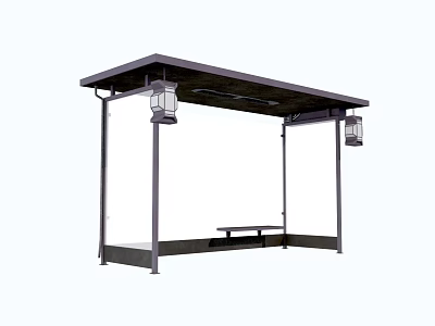 Roofed Bus Stop Shelter With Lantern Lights And Bench Seating 3d model