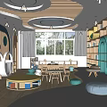 Kindergarten Interior With Wooden Bookshelves Circular Lights Natural Light And Soft Play Area