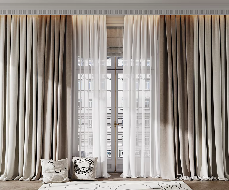 Elegant Beige Thick And White Sheer Curtains With Window And Decorative Pillows In Interior 3d model 
