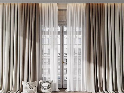 Elegant Beige Thick And White Sheer Curtains With Window And Decorative Pillows In Interior 3d model