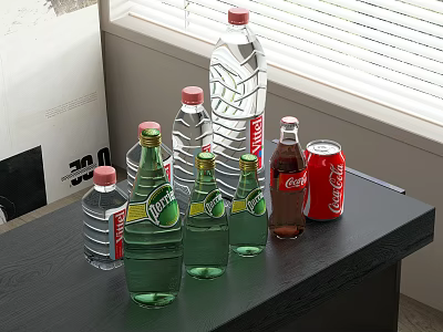 Various Drinks Green Bottles Transparent Water Bottles Red Caps And Cola Cans On Table 3d model