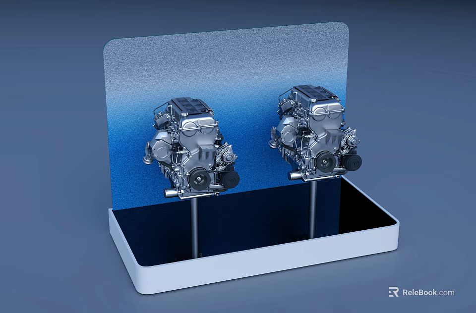 Two Mechanical Engines Displayed On White Stand With Blue Background 3d model