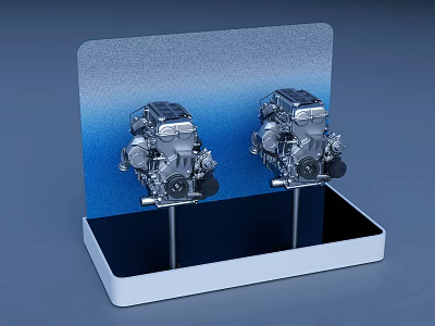 Two Mechanical Engines Displayed On White Stand With Blue Background 3d model