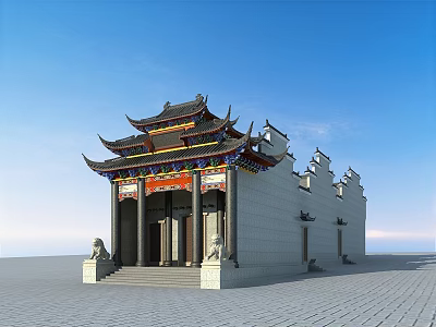 Ancient Chinese Architecture With Curved Eaves Colorful Decorations Stone Lions White Walls And Black Tiles 3d model
