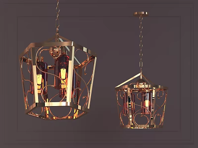 Decorative Golden Geometric Chandeliers With Intricate Metal Frame And Warm Light For Interior Decoration 3d model
