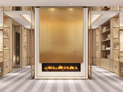 Luxurious Modern Showroom Interior With Golden Wall Fireplace And Side Display Shelves 3d model