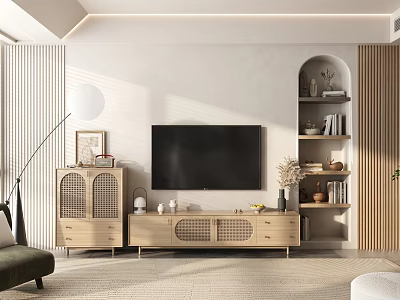 Modern Minimalist Living Room Wooden TV Stand With TV Decorations And Shelves 3d model