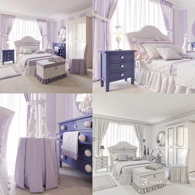Elegant Purple White Double Bed With Nightstand Curtains And Decorative Pillows 3d model 