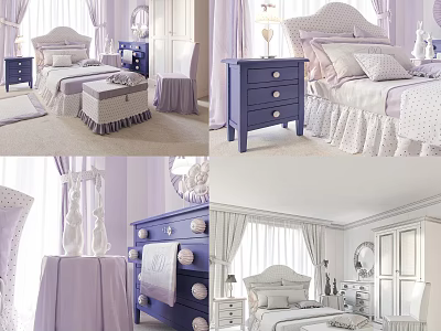 Elegant Purple White Double Bed With Nightstand Curtains And Decorative Pillows 3d model