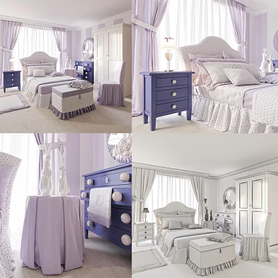 Elegant Purple White Double Bed With Nightstand Curtains And Decorative Pillows 3d model
