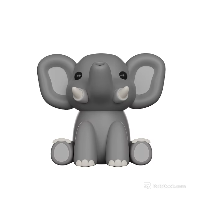 Cute Gray Elephant Toy With Big Ears White Tusks And Sitting Pose 3d model 