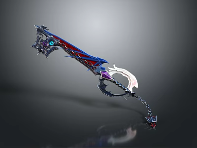 Ornate Fantasy Sword With Blue Red Details Metallic Structure And Chain 3d model