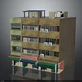 Multi Story Residential Building With Shop Front Green Awning And Air Conditioners