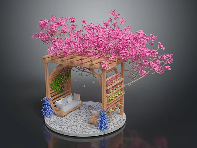 Outdoor Pergola with Pink Flowering Tree Green Plant Wall Sofa Blue Decorations on Stone Pavement 3d model