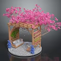 Outdoor Pergola with Pink Flowering Tree Green Plant Wall Sofa Blue Decorations on Stone Pavement