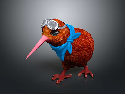 Cute Kiwi Bird With Fluffy Brown Feathers Wearing Silver Goggles And Blue Scarf 3d model