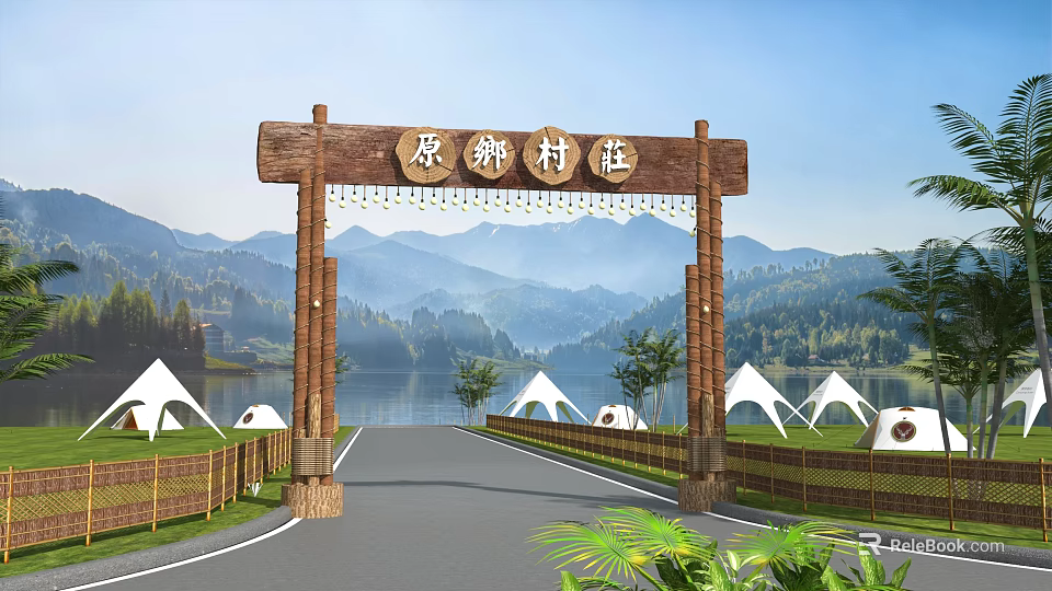 Wooden Scenic Wall at Village Entrance with Mountain Lake View and Tents and Green Plants 3d model 