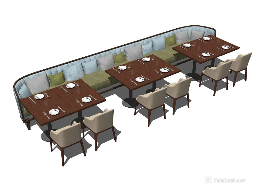 Comfortable Public Seating With Long Booth Design And Dining Tables In Restaurant 3d model