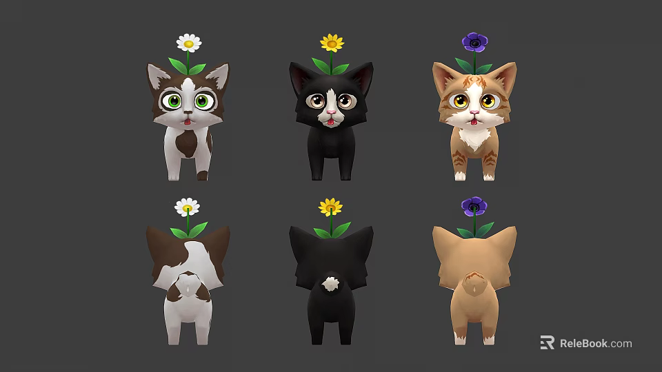 Cute Colored Cartoon Kittens With Different Flowers On Head Front And Back Views 3d model 
