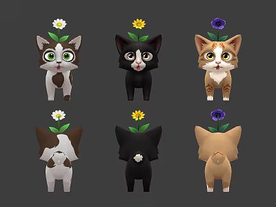 Cute Colored Cartoon Kittens With Different Flowers On Head Front And Back Views 3d model