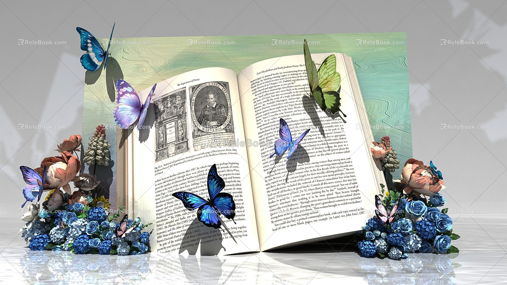 French Literary Style Books Butterflies Flowers and Grass 3d model